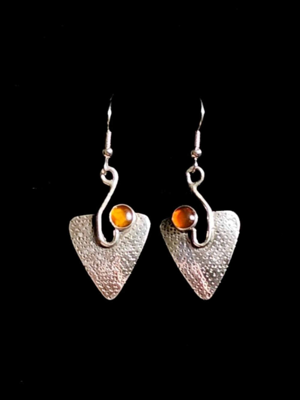 Vtg 80s Carrie Groves Modernist Sterling Silver Amber Triangle Drop Earrings